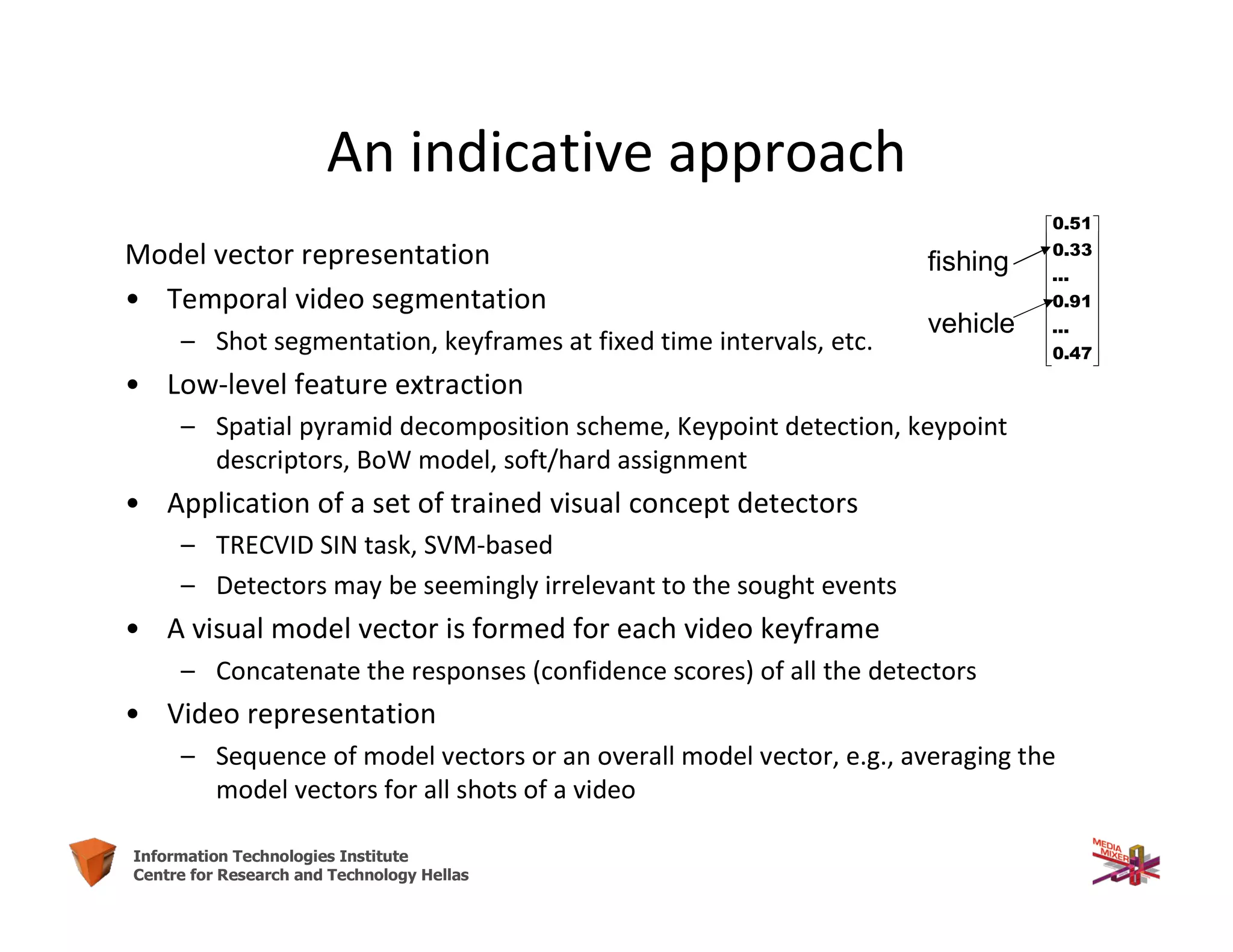 49Information Technologies Institute
Centre for Research and Technology Hellas
Model vector representation
• Temporal video segmentation
– Shot segmentation, keyframes at fixed time intervals, etc.
• Low-level feature extraction
– Spatial pyramid decomposition scheme, Keypoint detection, keypoint
descriptors, BoW model, soft/hard assignment
• Application of a set of trained visual concept detectors
– TRECVID SIN task, SVM-based
– Detectors may be seemingly irrelevant to the sought events
• A visual model vector is formed for each video keyframe
– Concatenate the responses (confidence scores) of all the detectors
• Video representation
– Sequence of model vectors or an overall model vector, e.g., averaging the
model vectors for all shots of a video
fishing
vehicle
0.51
0.33
...
0.91
...
0.47
 
 
 
 
 
 
 
 
  
An indicative approach
 