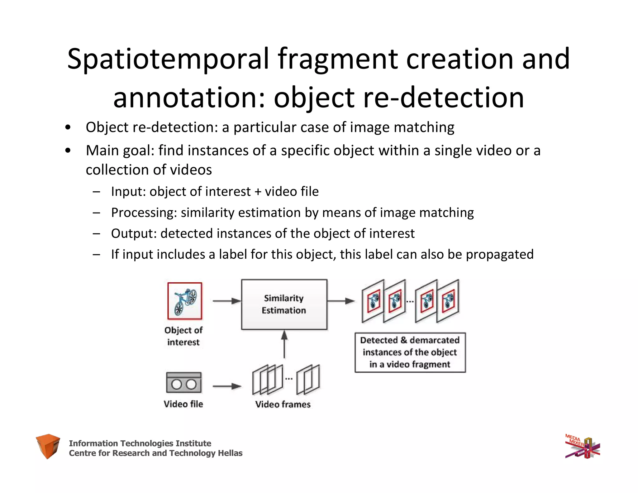 55Information Technologies Institute
Centre for Research and Technology Hellas
Spatiotemporal fragment creation and
annotation: object re-detection
• Object re-detection: a particular case of image matching
• Main goal: find instances of a specific object within a single video or a
collection of videos
– Input: object of interest + video file
– Processing: similarity estimation by means of image matching
– Output: detected instances of the object of interest
– If input includes a label for this object, this label can also be propagated
 