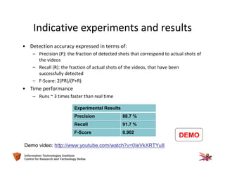 18Information Technologies Institute
Centre for Research and Technology Hellas
• Detection accuracy expressed in terms of:
– Precision (P): the fraction of detected shots that correspond to actual shots of
the videos
– Recall (R): the fraction of actual shots of the videos, that have been
successfully detected
– F-Score: 2(PR)/(P+R)
• Time performance
– Runs ~ 3 times faster than real time
Demo video: http://www.youtube.com/watch?v=0IeVkXRTYu8
Experimental Results
Precision 88.7 %
Recall 91.7 %
F-Score 0.902
DEMO
Indicative experiments and results
 