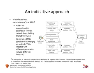 28Information Technologies Institute
Centre for Research and Technology Hellas
• Introduces two
extensions of the STG 3
– Fast STG
approximation
(scenes as convex
sets of shots; linking
transitivity rules)
– Generalized STG
(probabilistic merging
of multiple STGs
created with
different parameter
values, different
features)
3 P. Sidiropoulos, V. Mezaris, I. Kompatsiaris, H. Meinedo, M. Bugalho, and I. Trancoso. Temporal video segmentation
to scenes using high-level audiovisual features. IEEE Transactions on Circuits and Systems for Video Technology,
21(8):1163 –1177, August 2011.
An indicative approach
 