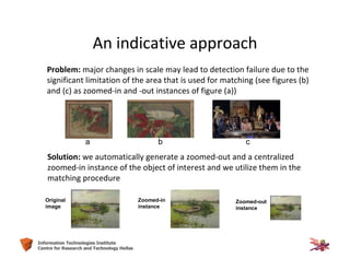 59Information Technologies Institute
Centre for Research and Technology Hellas
Problem: major changes in scale may lead to detection failure due to the
significant limitation of the area that is used for matching (see figures (b)
and (c) as zoomed-in and -out instances of figure (a))
Solution: we automatically generate a zoomed-out and a centralized
zoomed-in instance of the object of interest and we utilize them in the
matching procedure
a b c
Original
image
Zoomed-in
instance
Zoomed-out
instance
An indicative approach
 