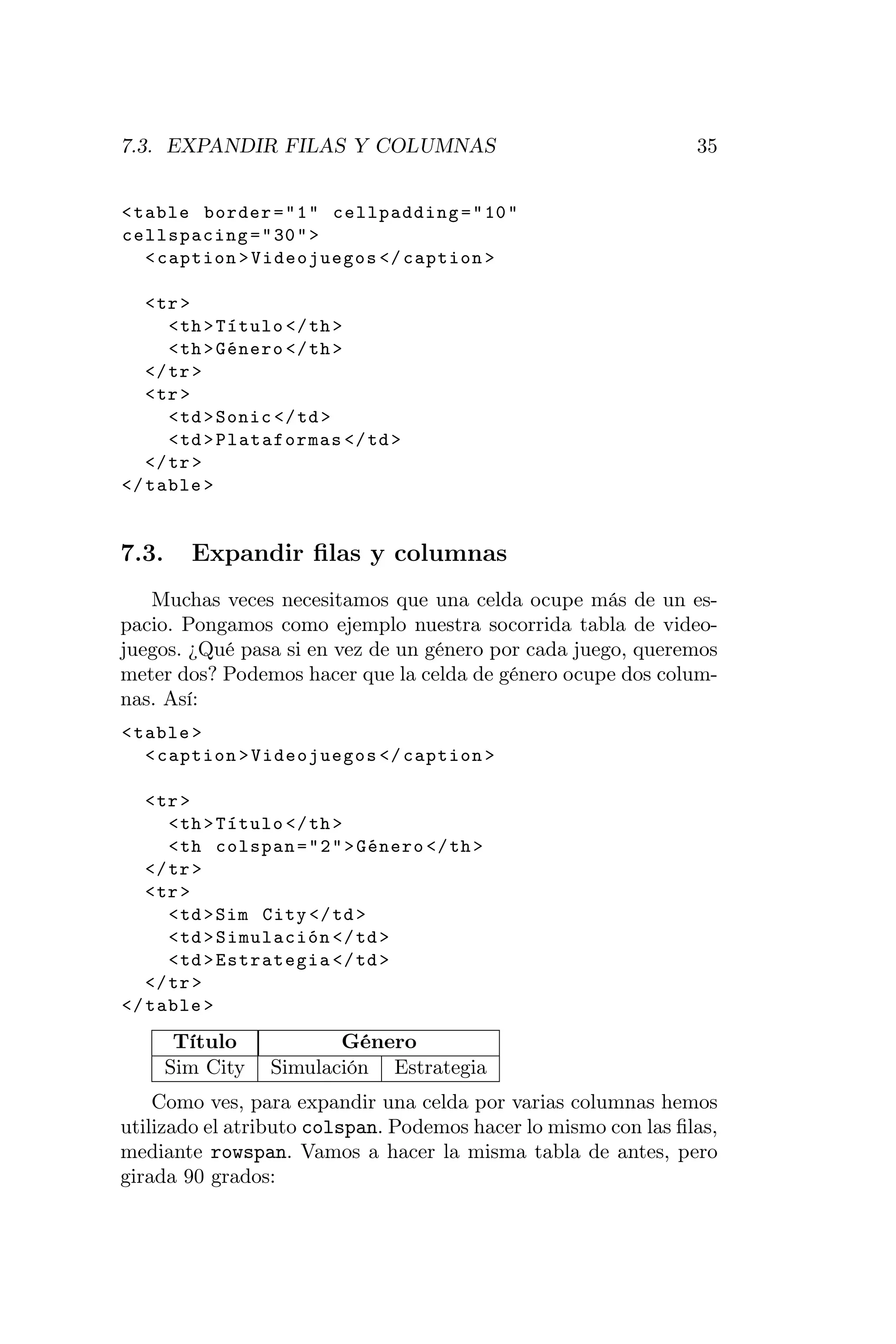 7.3. EXPANDIR FILAS Y COLUMNAS                                  35


< table border = " 1 " cellpadding = " 10 "
cellspacing = " 30 " >
   < caption > Videojuegos </ caption >

   < tr >
      < th > Título </ th >
      < th > Género </ th >
   </ tr >
   < tr >
      < td > Sonic </ td >
      < td > Plataformas </ td >
   </ tr >
</ table >


7.3.     Expandir ﬁlas y columnas
   Muchas veces necesitamos que una celda ocupe más de un es-
pacio. Pongamos como ejemplo nuestra socorrida tabla de video-
juegos. ¿Qué pasa si en vez de un género por cada juego, queremos
meter dos? Podemos hacer que la celda de género ocupe dos colum-
nas. Así:
< table >
   < caption > Videojuegos </ caption >

   < tr >
      < th > Título </ th >
      < th colspan = " 2 " > Género </ th >
   </ tr >
   < tr >
      < td > Sim City </ td >
      < td > Simulación </ td >
      < td > Estrategia </ td >
   </ tr >
</ table >
        Título           Género
       Sim City   Simulación Estrategia
    Como ves, para expandir una celda por varias columnas hemos
utilizado el atributo colspan. Podemos hacer lo mismo con las ﬁlas,
mediante rowspan. Vamos a hacer la misma tabla de antes, pero
girada 90 grados:
 