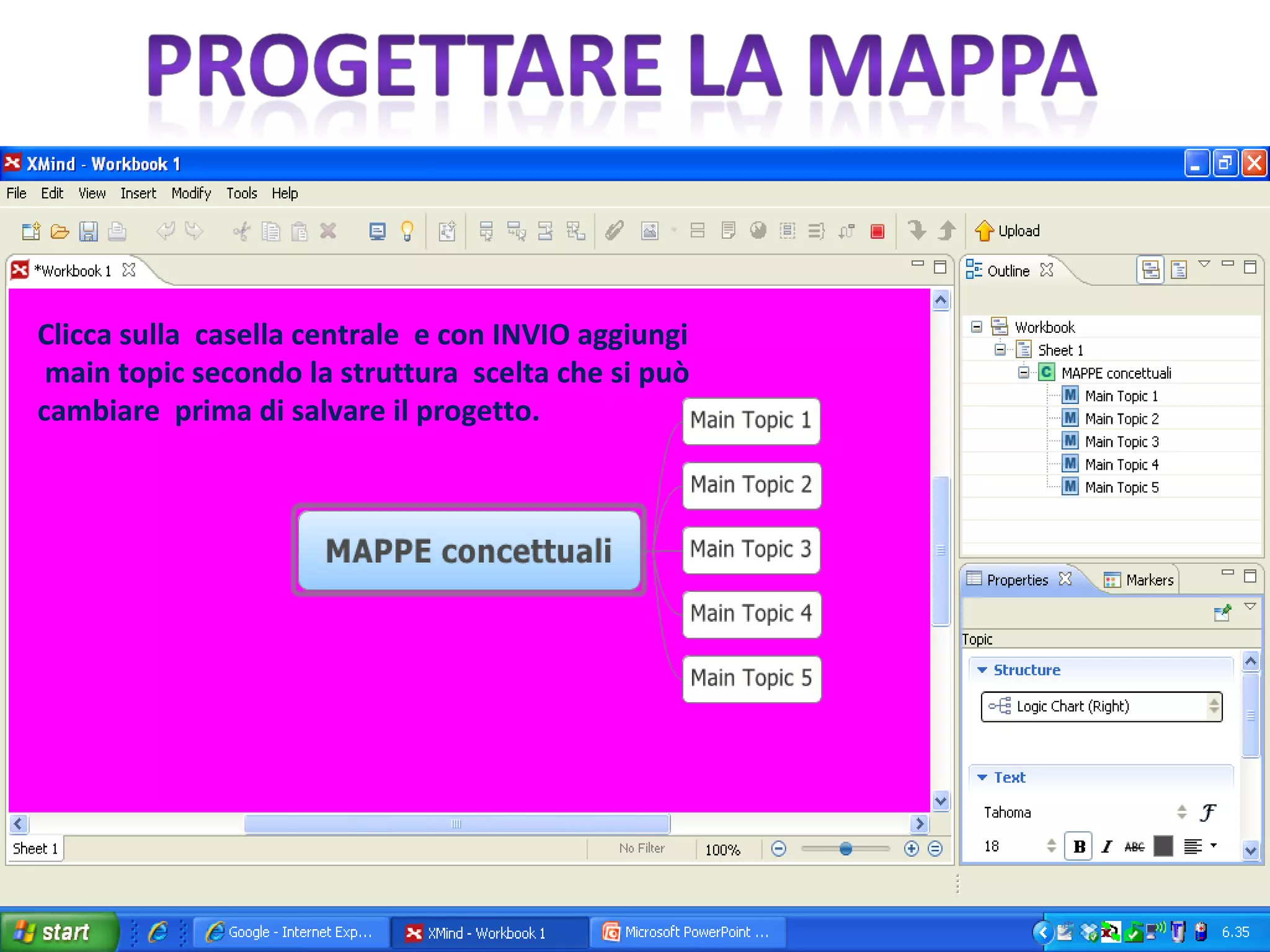 Clicca sulla  casella centrale  e con INVIO aggiungi  main topic secondo la struttura  scelta che si può cambiare  prima di salvare il progetto. 