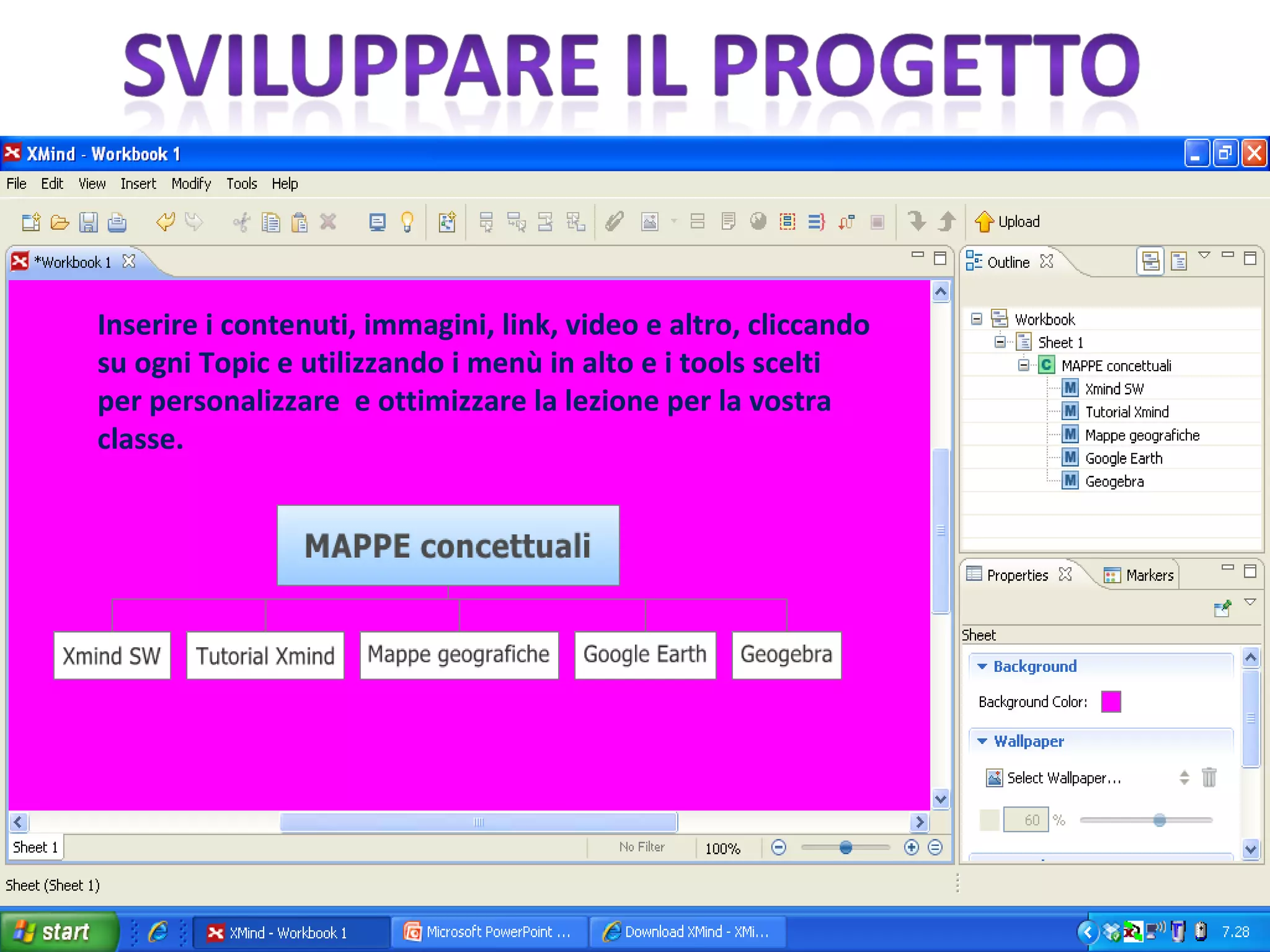 Inserire i contenuti, immagini, link, video e altro, cliccando su ogni Topic e utilizzando i menù in alto e i tools scelti per personalizzare  e ottimizzare la lezione per la vostra classe. 