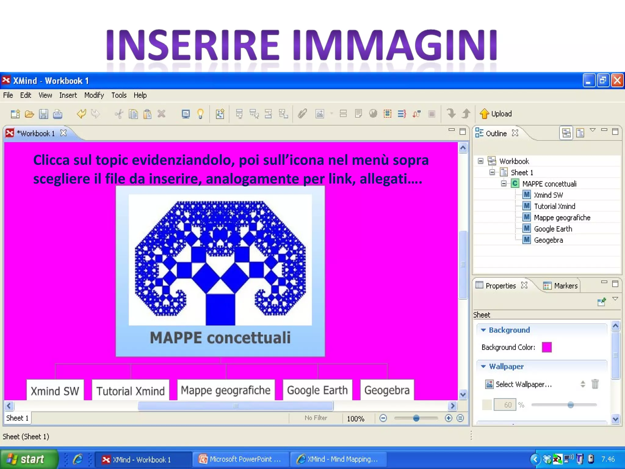 Clicca sul topic evidenziandolo, poi sull’icona nel menù sopra scegliere il file da inserire, analogamente per link, allegati…. 