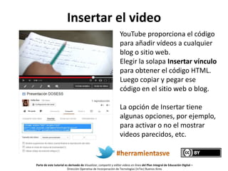 Insertar el video
YouTube proporciona el código
para añadir vídeos a cualquier
blog o sitio web.
Elegir la solapa Insertar vínculo
para obtener el código HTML.
Luego copiar y pegar ese
código en el sitio web o blog.
La opción de Insertar tiene
algunas opciones, por ejemplo,
para activar o no el mostrar
videos parecidos, etc.

Parte de este tutorial es derivado de Visualizar, compartir y editar videos en línea del Plan Integral de Educación Digital –
Dirección Operativa de Incorporación de Tecnologías (InTec) Buenos Aires

 
