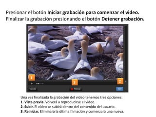 Presionar el botón Iniciar grabación para comenzar el video.
Finalizar la grabación presionando el botón Detener grabación.

1
3

2

Una vez finalizada la grabación del video tenemos tres opciones:
1. Vista previa. Volverá a reproducirse el video.
2. Subir. El video se subirá dentro del contenido del usuario.
3. Reiniciar. Eliminará la última filmación y comenzará una nueva.

 