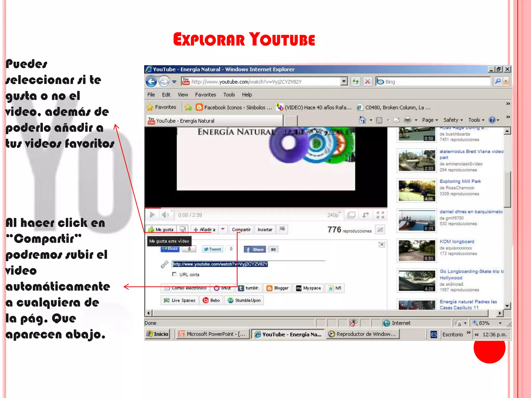 Explorar YoutubePuedes seleccionar si te gusta o no el video, además de poderlo añadir a tus videos favoritosAl hacer click en “Compartir” podremos subir el video automáticamente  a cualquiera de la pág. Que aparecen abajo.