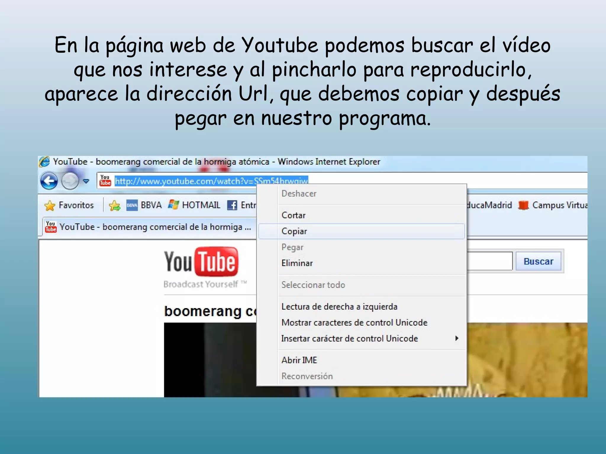 En la página web de Youtube podemos buscar el vídeo
que nos interese y al pincharlo para reproducirlo,
aparece la dirección Url, que debemos copiar y después
pegar en nuestro programa.