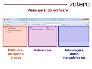 Biblioteca:
coleções e
grupos
Referências Informações,
notas,
marcadores etc.
Visão geral do software
 