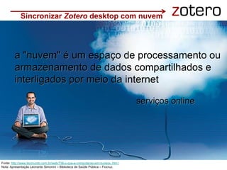 a "nuvem" é um espaço de processamento ou
armazenamento de dados compartilhados e
interligados por meio da internet
serviços online
Sincronizar Zotero desktop com nuvem
Fonte: http://www.tecmundo.com.br/web/738-o-que-e-computacao-em-nuvens-.htm /
Nota: Apresentação Leonardo Simonini – Biblioteca de Saúde Pública – Fiocruz.
 