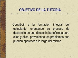 OBJETIVO DE LA TUTORÍA


Contribuir a la formación integral del
estudiante, orientando su proceso de
desarrollo en una dirección beneficiosa para
ellas y ellos, previniendo los problemas que
pueden aparecer a lo largo del mismo.



                                               14
 