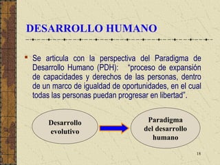 DESARROLLO HUMANO

 Se articula con la perspectiva del Paradigma de
  Desarrollo Humano (PDH): “proceso de expansión
  de capacidades y derechos de las personas, dentro
  de un marco de igualdad de oportunidades, en el cual
  todas las personas puedan progresar en libertad”.


       Desarrollo                    Paradigma
       evolutivo                    del desarrollo
                                       humano

                                                     18
 