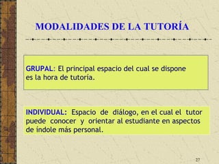 MODALIDADES DE LA TUTORÍA



GRUPAL: El principal espacio del cual se dispone
es la hora de tutoría.



INDIVIDUAL: Espacio de diálogo, en el cual el tutor
puede conocer y orientar al estudiante en aspectos
de índole más personal.


                                                   27
 