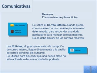 Mensajes: El correo interno y las noticias Se utiliza el  Correo Interno  cuando quiere comunicarse con un cursante por una razón determinada, para responder una duda particular o para mandar correos masivos.   No se debe abusar de los correos masivos. Las  Noticias , al igual  que el aviso de recepción de correo interno , llegan directamente a la casilla de correo personal del cursante. Se utilizan para anunciar que una nueva clase ha sido activada o dar una novedad importante. 