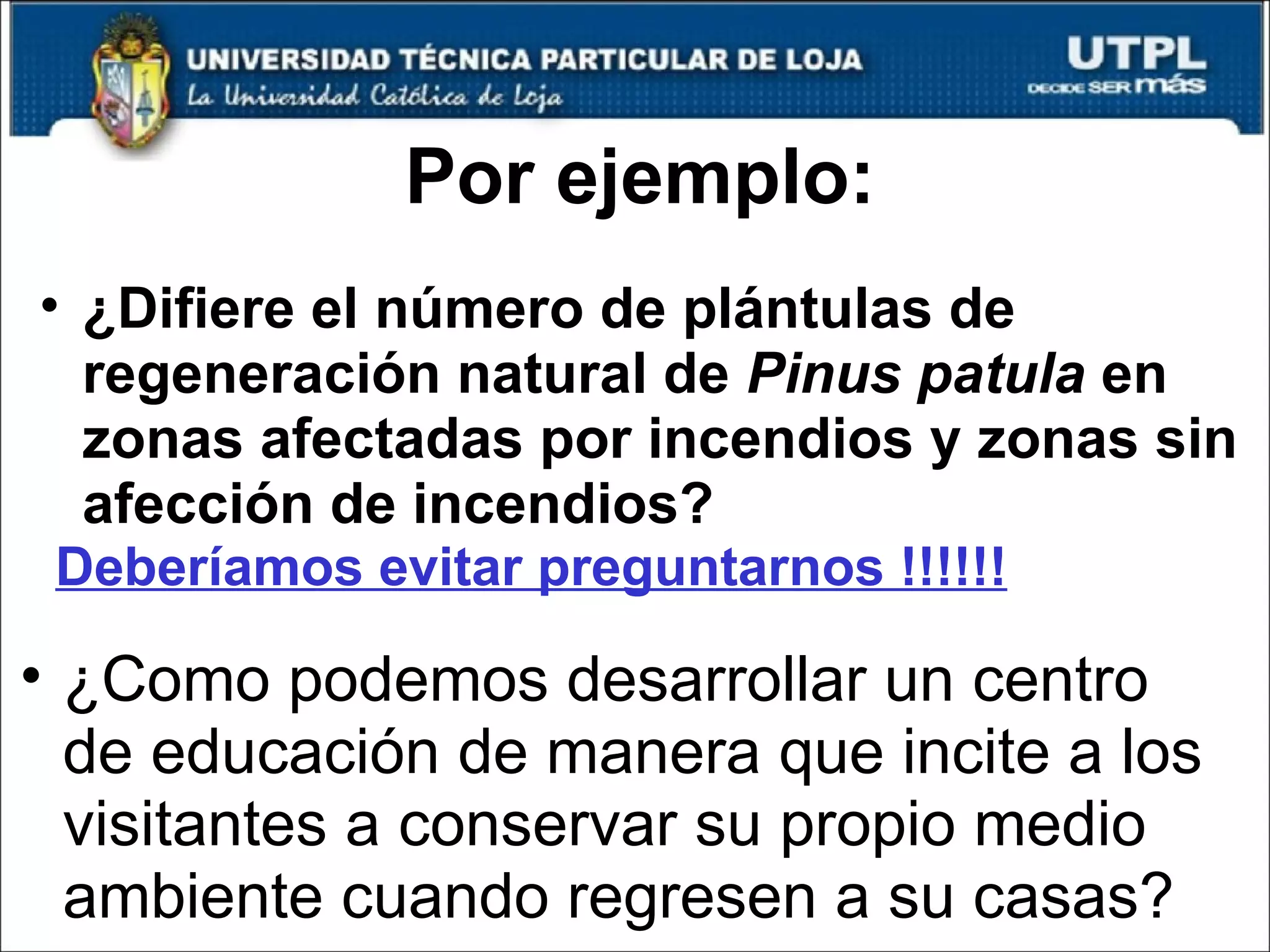 Por ejemplo: ¿Difiere el número de plántulas de regeneración natural de  Pinus patula  en zonas afectadas por incendios y zonas sin afección de incendios? Deberíamos evitar preguntarnos !!!!!! ¿Como podemos desarrollar un centro de educación de manera que incite a los visitantes a conservar su propio medio ambiente cuando regresen a su casas? 