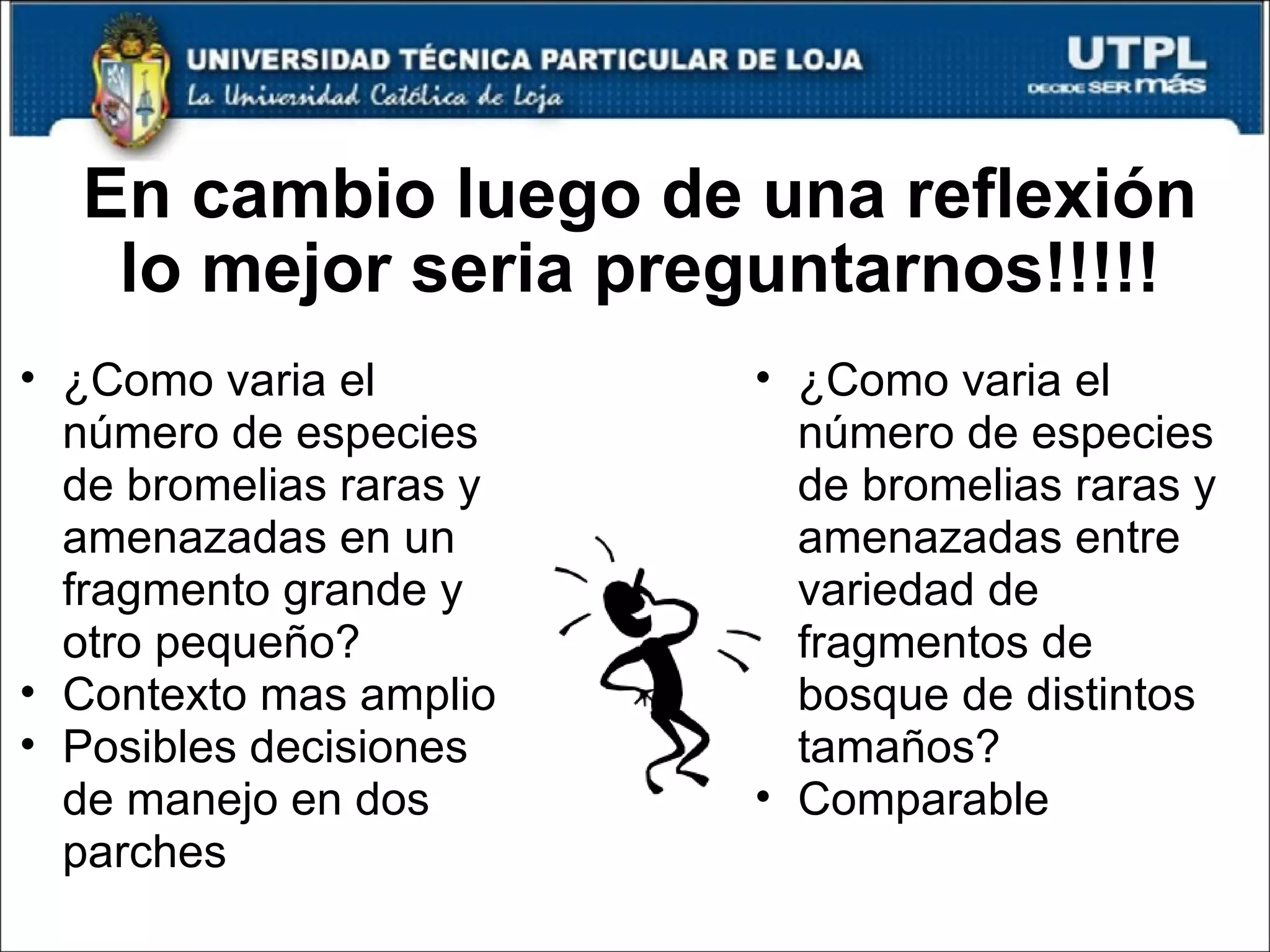 En cambio luego de una reflexión lo mejor seria preguntarnos!!!!! ¿Como varia el número de especies de bromelias raras y amenazadas en un fragmento grande y otro pequeño?  Contexto mas amplio Posibles decisiones de manejo en dos parches ¿Como varia el número de especies de bromelias raras y amenazadas entre variedad de fragmentos de bosque de distintos tamaños?  Comparable 