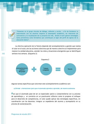 “Fomentar en el grupo vínculos de diálogo, reflexión y acción, a fin de fortalecer la
interrelación con los alumnos respecto al desempeño académico, las relaciones de
convivencia y la visualización de su proyecto de vida, donde el tutor genere estrategias
tanto preventivas como formativas que contribuyan al logro del perfil de egreso de la
educación básica”.

La efectiva operación de la Tutoría depende del acompañamiento y gestión que realiza
el tutor en el aula y de las acciones colectivas que de manera colectiva se implementen para
mejorar la calidad educativa, atender los retos y situaciones emergentes que se identifiquen

102

semana tras semana. (Esquema 2)
Esquema 2

Acompañamiento
y gestón
del grupo

Trabajo
colegiado

Tutoría

Algunas tareas específicas que concretan este acompañamiento académico son:
a) Brindar orientaciones para que el alumnado aprenda a aprender, de manera autónoma

Para

que el alumnado pase de ser un espectador pasivo a comprometerse con su proceso

de aprendizaje y

se convierta en un practicante reflexivo como lo propone el enfoque

para el desarrollo de competencias, el tutor puede aplicar dos estrategias específicas, en
coordinación con los docentes: integrar un expediente del alumno y acompañarlo en su
proceso de autoevaluación.

Programas de estudio 2011

 