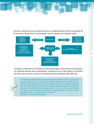sus actos y decisiones en los acuerdos colectivos y la legitimidad que ofrecen la búsqueda de
la convivencia democrática y el aprendizaje, como se expresa en el siguiente cuadro:
Persona y
problema
(oactitud
negativa)
Diciplinar
(de diciplinare,
enseñar)
es decir, formar,
a partir de la
atención del problema

diferencía entre

Acertividad

Implica como
educadores

privilegia

Identificar y
atacar al
problema, no
a la persona

No castigar
(lastimar) a la persona

117
Habilidad para
renunciar
al autoritarismo,
sin perder autoridad

El siguiente testimonio es un ejemplo de cómo pueden llegar a experimentar los estudiantes
los ambientes adversos para el aprendizaje, la importancia de la asertividad y lo relevante
de Tutoría para escuchar y conocer las inquietudes de los estudiantes (SEP, 2006: 20):
“El maestro que me bronquea todo el tiempo está por llegar al salón y cuando entre
por esa puerta y me mire con sus ojos enemigos, desearé que me trague la tierra.
¡Dios mío! ¡Qué largo se me hacen los 50 minutos de clase y qué tragedia cuando me
hace una pregunta que no sé contestar aunque haya estudiado, porque su mirada hace
que todo se me olvide! Ya sé todo lo que me dirá: - Fulano, qué es lo que tienes en
el cerebro, un loco contestaría mejor que tú... Ojalá que tenga una junta, o se haya
quedado dormido y no aparezca por lo menos hoy.”
Vivencia de un alumno de secundaria.

Guía para el maestro

 