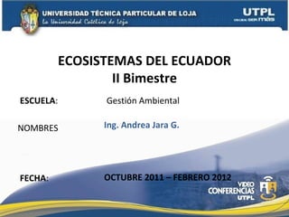 ESCUELA : Gestión Ambiental NOMBRES ECOSISTEMAS DEL ECUADOR II Bimestre FECHA : Ing. Andrea Jara G. OCTUBRE 2011 – FEBRERO 2012 
