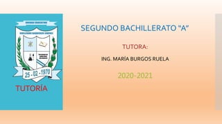 TUTORÍA
SEGUNDO BACHILLERATO “A”
TUTORA:
ING. MARÍA BURGOS RUELA
2020-2021
 