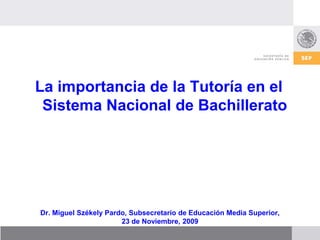La importancia de la Tutoría en el
 Sistema Nacional de Bachillerato




Dr. Miguel Székely Pardo, Subsecretario de Educación Media Superior,
                       23 de Noviembre, 2009
 