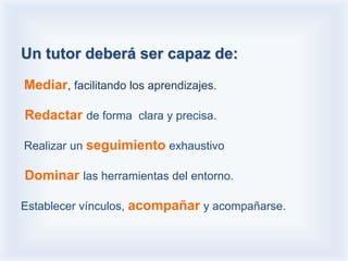 Un tutor deberá ser capaz de:
Mediar, facilitando los aprendizajes.

Redactar de forma clara y precisa.

Realizar un seguimiento exhaustivo

Dominar las herramientas del entorno.

Establecer vínculos, acompañar y acompañarse.
 