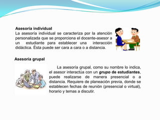 Asesoría Presencial
La asesoría presencial es aquella que se
realiza cara a cara entre el estudiante o
estudiantes y el asesor, en el mismo espacio físico
y mismo tiempo. estableciendo días y horarios
para aclarar dudas o comentar sobre los
contenidos de las asignaturas, materiales
didácticos impresos o multimedia, realización de
actividades, etcétera.
Asesoría a Distancia
La asesoría a distancia está dirigida a los
estudiantes que por diversas circunstancias no
pueden participar en la asesoría presencial. Las
herramientas telemáticas son el medio o recurso
para desarrollar la asesoría (como el correo
electrónico) y facilitan la interacción didáctica entre
el asesor
 