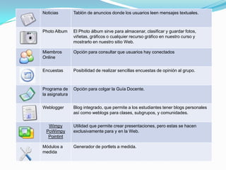 Estudiantes
Matriculados
Consultas a Secretaría Virtual sobre los estudiantes matriculados.
Actualización
Matrícula
Paquete para que un usuario (profesor o alumno) pueda recargar
su propia docencia.
Buscar Utilidad que permite realizar búsquedas en los diferentes archivos
de los diferentes cursos o comunidades en las que estemos dados
de alta.
Wikipedia Integración de la enciclopedia Wikipedia en Aula Virtual.
MMPlayer Reproductor de archivos multimedia de alta compatibilidad.
Unidades de
Aprendizaje
Paquete IMS-LD, que permite importar y utilizar, dentro del
entorno de Aula Virtual, unidades de aprendizaje conformes a la
especificación Learning Design de IMS.
Collection Paquete Collection, aplicación para la creación, desarrollo y
gestión de sencillas bases de datos integradas en Aula Virtual,
bien sean en cursos o comunidades.
Mmedia La herramienta Mmedia consiste en una nueva interface que
permite la interactuación con el servidor multimedia de la UV,
pudiéndose depositar ficheros multimedia que serán emitidos en
formato streaming , permite al usuario gestionar los ficheros
multimedia con la posibilidad de convertirlos a los .flv o .mp3.
 