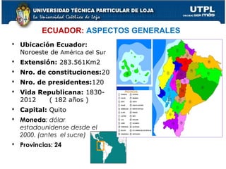 ECUADOR: ASPECTOS GENERALES
 Ubicación Ecuador:
Noroeste de América del Sur
 Extensión: 283.561Km2
 Nro. de constituciones:20
 Nro. de presidentes:120
 Vida Republicana: 1830-
2012 ( 182 años )
 Capital: Quito
 Moneda: dólar
estadounidense desde el
2000. (antes el sucre)
 Provincias: 24
10
 