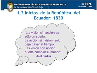 1
1.2 Inicios de la República del
Ecuador: 1830
18
“L a visión sin acción es
sólo un sueño.
La acción sin visión, sólo
deja pasar el tiempo.
Las visión con acción
puede cambiar el mundo”
Joel Barker
“L a visión sin acción es
sólo un sueño.
La acción sin visión, sólo
deja pasar el tiempo.
Las visión con acción
puede cambiar el mundo”
Joel Barker
 