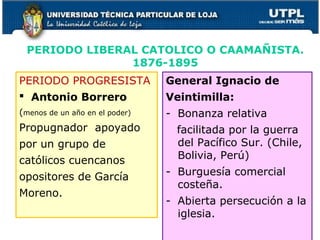 PERIODO LIBERAL CATOLICO O CAAMAÑISTA.
1876-1895
PERIODO PROGRESISTA
 Antonio Borrero
(menos de un año en el poder)
Propugnador apoyado
por un grupo de
católicos cuencanos
opositores de García
Moreno.
General Ignacio de
Veintimilla:
- Bonanza relativa
facilitada por la guerra
del Pacífico Sur. (Chile,
Bolivia, Perú)
- Burguesía comercial
costeña.
- Abierta persecución a la
iglesia.
 