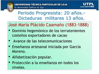 Periodo Progresista: 20 años.-
Dictaduras militares 13 años.
José María Plácido Caamaño (1883-1888)
 Dominio hegemónico de los terratenientes
costeños exportadores de cacao
 Avance de las telecomunicaciones
 Enseñanza artesanal iniciada por García
Moreno.
 Alfabetización popular.
 Protección a la enseñanza en todos los
niveles. 24
 