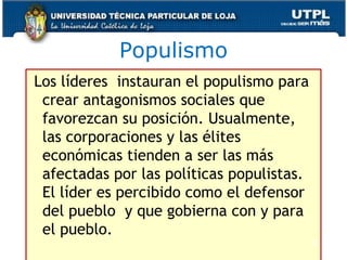 Populismo
Los líderes instauran el populismo para
crear antagonismos sociales que
favorezcan su posición. Usualmente,
las corporaciones y las élites
económicas tienden a ser las más
afectadas por las políticas populistas.
El líder es percibido como el defensor
del pueblo y que gobierna con y para
el pueblo.
32
 