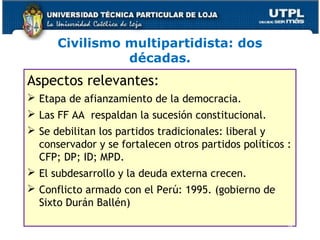 Civilismo multipartidista: dos
décadas.
Aspectos relevantes:
 Etapa de afianzamiento de la democracia.
 Las FF AA respaldan la sucesión constitucional.
 Se debilitan los partidos tradicionales: liberal y
conservador y se fortalecen otros partidos políticos :
CFP; DP; ID; MPD.
 El subdesarrollo y la deuda externa crecen.
 Conflicto armado con el Perú: 1995. (gobierno de
Sixto Durán Ballén)
40
 