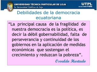 Debilidades de la democracia
ecuatoriana
“La principal causa de la fragilidad de
nuestra democracia es la política, es
decir la débil gobernabilidad, falta de
perseverancia y continuidad de los
gobiernos en la aplicación de medidas
económicas que sostengan el
crecimiento y reduzcan la pobreza”.
Osvaldo Hurtado
56
 