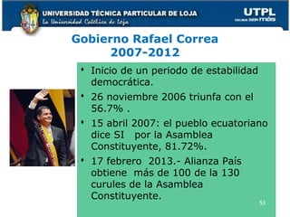 Gobierno Rafael Correa
2007-2012
 Inicio de un periodo de estabilidad
democrática.
 26 noviembre 2006 triunfa con el
56.7% .
 15 abril 2007: el pueblo ecuatoriano
dice SI por la Asamblea
Constituyente, 81.72%.
 17 febrero 2013.- Alianza País
obtiene más de 100 de la 130
curules de la Asamblea
Constituyente.
53
 