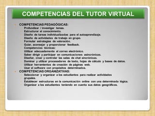 COMPETENCIAS DEL TUTOR VIRTUAL
   COMPETENCIAS PEDAGÓGICAS:
    ◦   Profundizar / investigar temas.
    ◦   Estructurar el conocimiento.
    ◦   Diseño de tareas individualizadas para el autoaprendizaje.
    ◦   Diseño de actividades de trabajo en grupo.
    ◦   Formular estrategias de valoración.
    ◦   Guiar, aconsejar y proporcionar feedback.
    ◦   Competencias técnicas:
    ◦   Utilizar adecuadamente el correo electrónico.
    ◦   Saber dirigir y participar en comunicaciones asincrónicas.
    ◦   Diseñar, crear y controlar las salas de chat sincrónicas.
    ◦   Dominar y utilizar procesadores de texto, hojas de cálculo y bases de datos.
    ◦   Utilizar herramientas de creación de páginas web.
    ◦   Usar el software con propósitos determinados.
   COMPETENCIAS ORGANIZATIVAS:
    ◦   Seleccionar y organizar a los estudiantes para realizar actividades
    ◦   grupales.
    ◦   Establecer estructuras en la comunicación online con una determinada lógica.
    ◦   Organizar a los estudiantes teniendo en cuenta sus datos geográficos.
 