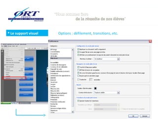  Le support visuel

Options : défilement, transitions, etc.

 
