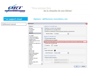  Le support visuel
Défilement manuel

Options : défilement, transitions, etc.

 