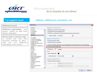  Le support visuel
Défilement manuel
Défilement automatique : vous
pouvez décider du délai entre
chaque diapositive
Boucle après la dernière page :
en cochant cette case, votre
document reviendra au début
(utile
lors
d’un
défilement
automatique et en continu)

Options : défilement, transitions, etc.

 
