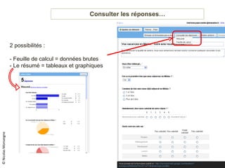 Consulter les réponses… © Nicolas Monseigne 2 possibilités : - Feuille de calcul = données brutes - Le résumé = tableaux et graphiques 