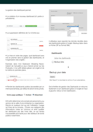 La gestion des dashboard permet:
•	La	création	d’un	nouveau	dashboard	(cf.	partie	ciprécédente)

•	La	suppression	définitive	de	l’un	d’entre	eux
	

L’utilisateur	peut	exporter	les	donnés	récoltés	dans	
ses dashboards grâce à l’onglet «Backup data» dans
un	fichier	ZIP	au	format	XML.
	

•	La	mise	en	ordre	des	pages,	quel	dashboard	sera	
mis en premier dans la gestion des dashboards, et
l’organisation des onglets :

→	
  

Exemple:	 dans	 mon	 Dasboard	 «Breaking	 News»	
traitant	 de	 l’actualité	 je	 veux	 d’abord	 arriver	 sur	 les	
Podcasts,	il	me	suffit	defaire	glisser	cet	onglet	et	de	
	
le	mettre	en	première	place.	

	
  

•	Rendre	les	dashboards	publics	(accessible	par	un	
internaute lambda), par défaut ils seront rendu privés.

De la fenêtre de gestion des Dashoards on retourne
facilement à son dashboard grâce à l’onglet en haut
à gauche «retour à mon dashboard».

•	Et	enfin	déterminer	si	le	compte	est	personnel	ou	au	
	
service de la veille d’une entreprise ou organisation.
Décrire en quelque mot qui est l’utilisateur, l’usage
qu’il fera de ce compte... Choisir une catégorie des
informations	 mises	 en	 commun	 et	 enfin	 qualifier	
	
	
les dashboard par des mots clés, ce qui rendra
l’accessibilité	plus	facile	pour	des	tableaux	de	bords	
publics notamment.

11

 
