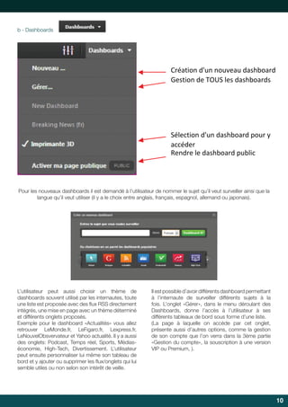 10 
b - Dashboards 
Pour les nouveaux dashboards il est demandé à l’utilisateur de nommer le sujet qu’il veut surveiller ainsi que la 
langue qu’il veut utiliser (il y a le choix entre anglais, français, espagnol, allemand ou japonais). 
L’utilisateur peut aussi choisir un thème de 
dashboards souvent utilisé par les internautes, toute 
une liste est proposée avec des fl ux RSS directement 
intégrés, une mise en page avec un thème déterminé 
et différents onglets proposés. 
Exemple pour le dashboard «Actualités» vous allez 
retrouver LeMonde.fr, LeFigaro.fr, Lexpress.fr, 
LeNouvelObsvervateur et Yahoo actualité. Il y a aussi 
des onglets: Podcast, Temps réel, Sports, Médias-économie, 
High-Tech, Divertissement. L’utilisateur 
peut ensuite personnaliser lui même son tableau de 
bord et y ajouter ou supprimer les fl ux/onglets qui lui 
semble utiles ou non selon son intérêt de veille. 
Création 
d'un 
nouveau 
dashboard 
Gestion 
de 
TOUS 
les 
dashboards 
Sélection 
d'un 
dashboard 
pour 
y 
accéder 
Rendre 
le 
dashboard 
public 
Il est possible d’avoir différents dashboard permettant 
à l’internaute de surveiller différents sujets à la 
fois. L’onglet «Gérer», dans le menu déroulant des 
Dashboards, donne l’accès à l’utilisateur à ses 
différents tableaux de bord sous forme d’une liste. 
(La page à laquelle on accède par cet onglet, 
présente aussi d’autres options, comme la gestion 
de son compte que l’on verra dans la 3ème partie 
«Gestion du compte», la souscription à une version 
VIP ou Premium, ). 
 