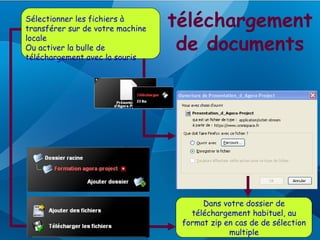 Sélectionner les fichiers à
transférer sur de votre machine
                                  téléchargement
locale
Ou activer la bulle de             de documents
téléchargement avec la souris




      Recherche du ou des
           fichier(s)




                                        Dans votre dossier de
                                     téléchargement habituel, au
                                   format zip en cas de de sélection
                                               multiple
 