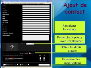 Ajout de
    contact

    Renseigner
    les champs

Recherche de photos
  avec l’explorateur

  Définir les droits
        d’accès

   Enregistrer les
    modifications
 