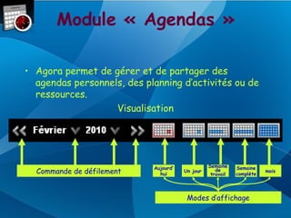 Module « Agendas »

• Agora permet de gérer et de partager des
  agendas personnels, des planning d’activités ou de
  ressources.
                   Visualisation




                            Aujourd’             Semaine    Semaine
  Commande de défilement      hui
                                       Un jour      de
                                                  travail   complète
                                                                       mois




                                        Modes d’affichage
 