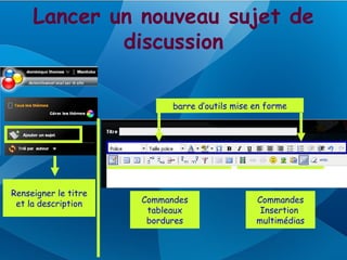 Lancer un nouveau sujet de
             discussion

                            barre d’outils mise en forme




Renseigner le titre
 et la description    Commandes                 Commandes
                       tableaux                  Insertion
                       bordures                 multimédias
 