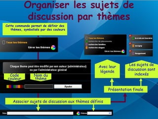 Organiser les sujets de
            discussion par thèmes
Cette commande permet de définir des
   thèmes, symbolisés par des couleurs




                                                                  Les sujets de
                                                 Avec leur
                                                                 discussion sont
                                                  légende
  Code            Nom du                                             indexés
 couleur          thème

                                                       Présentation finale


    Associer sujets de discussion aux thèmes définis
 