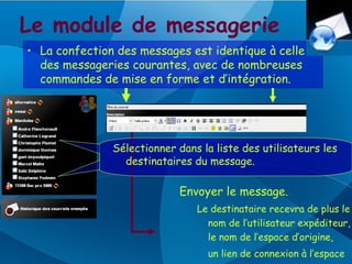 Le module de messagerie
• La confection des messages est identique à celle
  des messageries courantes, avec de nombreuses
  commandes de mise en forme et d’intégration.




               Sélectionner dans la liste des utilisateurs les
                 destinataires du message.

                            Envoyer le message.
                                Le destinataire recevra de plus le
                                  nom de l’utilisateur expéditeur,
                                  le nom de l’espace d’origine,
                                  un lien de connexion à l’espace
 